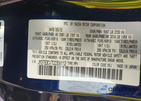 2012 Mazda Cx-9 Touring z USA, uszkodzony, nr VIN JM3TB3CV7C0358112